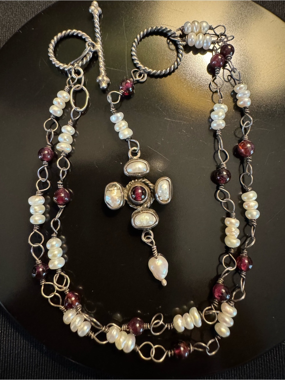 Sterling Silver Garnet & Freshwater Pearl Rosary Necklace - Artisan Lariat